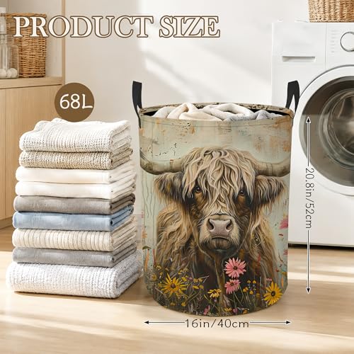 Highland Cow Laundry Basket, Wildflower Garden Collapsible Laundry Hamper Waterproof Oxford Cloth With Handles, Clothes Storage Bucket For Bathroom/Bedroom 16" x 20.8" - color: Highland Cow Wildflower
