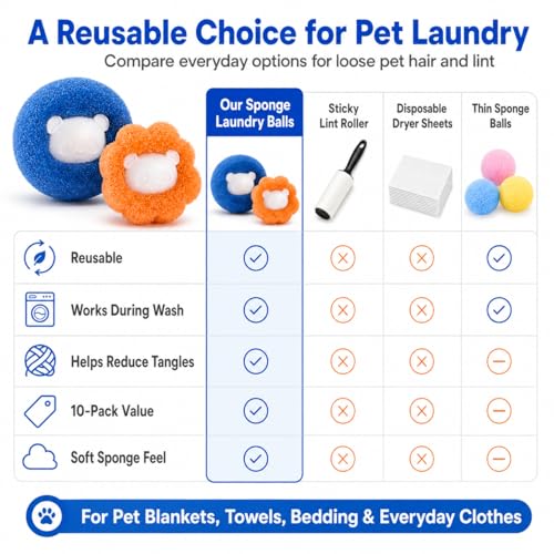 Pet Hair Remover for Laundry, 10 Pcs Reusable Sponge Laundry Balls for Washing Machine, Pet Hair & Lint Catcher for Dog and Cat Fur, Helps Reduce Tangles (Orange & Blue)