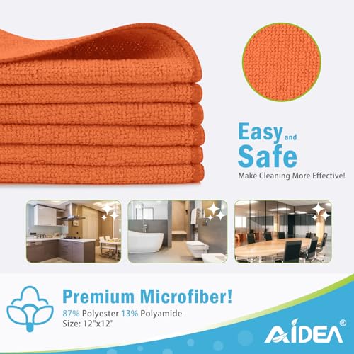 AIDEA Orange Microfiber Cleaning Cloth-12PK, Cleaning Rags 12"x12" Reusable - color: Orange, size: 12in.x12in.