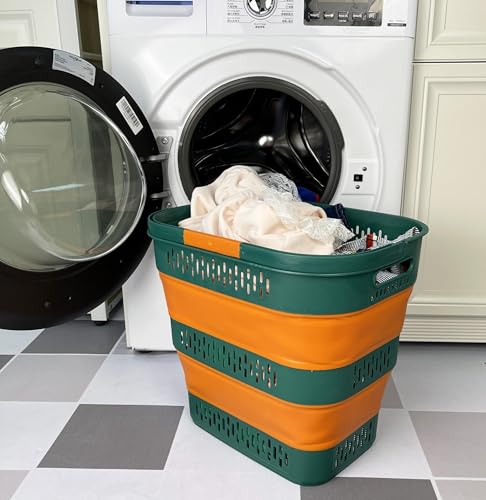 SAMMART 38L(10 Gal) Collapsible Laundry Basket - Foldable Pop-Up Storage Container/Organizer-Portable Space Saving Hamper, Measure 17.5x13.3x15.7/3.8" Expanded/Collapsed (1, Teal Green/Autumn Leaf) - color: Teal Green/Autumn Leaf