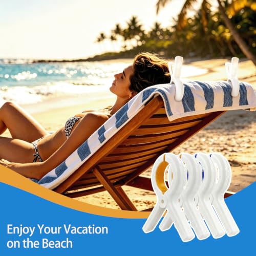 8 Pack Beach Towel Clips for Beach Chairs, Large Heavy Duty Towel Clips for Pool Chair Cruise Boat Lounge Chair, Strong Grip Clothes Pins for Beach, Pool, Camping, Laundry, Beach Accessories - White