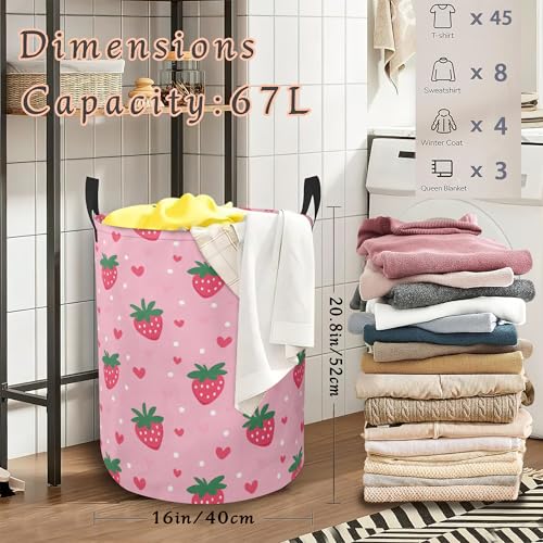 Cute Strawberry Laundry Basket with Handles,Heart Waterproof Clothes Organizer Bin Collapsible Storage Basket for Bedroom Bathroom Dorm Room 16" x 20.8" - color: Cute Strawberry Heart