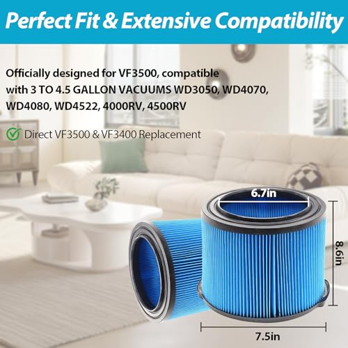 2 Pack VF3500 Replacement Filter for Ridgid Wet Dry Vac, 3-Layer Fine Dust Filter Compatible with WD4070 WD4522 WD4050 WD3050 WD4080 4000RV 4500RV Vacuum, Washable & Reusable - size: 2x VF3500
