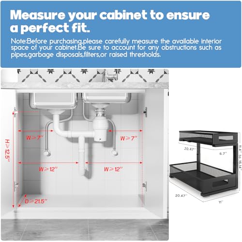 1 Pack 20.47IN Depth Under Sink Storage Organizer, Large 2-Tier Elegant Mesh Pull Out Shelf for Kitchen and Bathroom Cabinet Organization, L-Shaped and Adjustable Height Design-Black - color: Black, size: 1 Pack-20.47"Dx11.4"-16.14"H