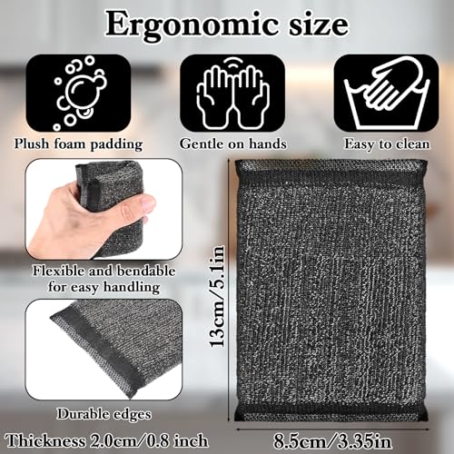 6 Pack Steel Wool Scrubber Sponges, Heavy Duty Stainless Steel Scouring Pads Reusable Non Scratch Metal Sponges Hand-Friendly Kitchen Cleaning Tool for Pots and Pans Tough Grease & Grime (Black) - color: Black