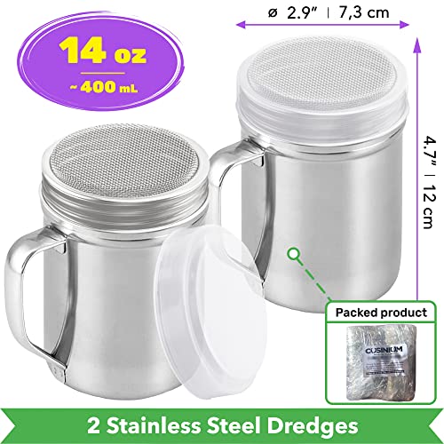 CUSINIUM Large Powdered Sugar Shaker Duster - With Handle - Cinnamon Shaker For Coffee Bar- Fine Mesh Dredge - 14 ounce, pack of 2 | Style: Fine - size: 14 Ounce