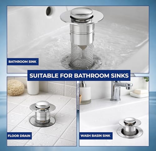 Bathroom Sink Drain Strainer with Removable Basket – 2 Pack Bathroom Sink Stopper Plug & Pop Up Drain Stopper | 2.90 x 2.30 x 1.25 inches | Easy to Clean Hair Catcher