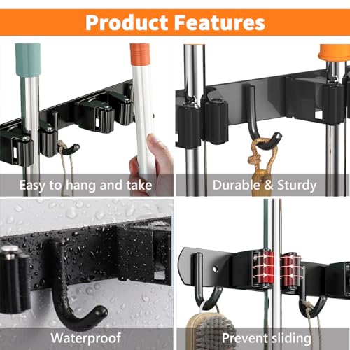 CUXIXA Mop and Broom Holder Wall Mount, Upgraded Broom Organizer Wall Mount, Stainless Steel Broom Hanger Wall Mount for Kitchen Garden Laundry Room Decor (3 Racks with 4 Hooks Black) - color: Black, size: 3 Racks with 4 Hooks