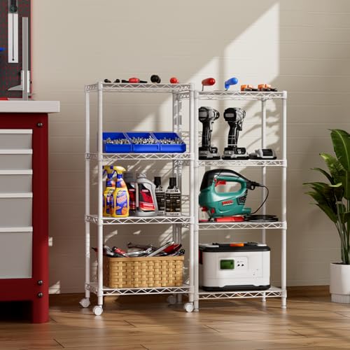 SINGAYE 4 Small Wire Shelves Kitchen Pantry Close Home Organizers and Storage Bathroom Shelf Laundry Room Organization Adjustable Book Metal Garage Shelving Unit - color: White, size: 4-Tier 11.8"D X 17.3"W X 45.2"H