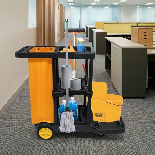 tonchean 3-Tier Janitorial Cart with 25 Gallon Vinyl Bag, Rolling Housekeeping Cleaning Cart, Large Capacity Utility Trolley for Business, School and Office