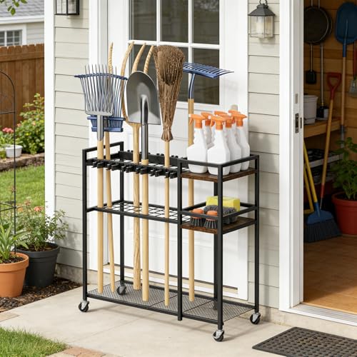 Broom Holder Cleaning Cart with Cleaning Supplies Organizer – 12 Grippers, 8 Hooks, 2 Mesh & 2 Board Racks, Large Grid Base, 4 Wheels – Rolling Storage for Home Laundry Room Organization