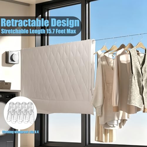 Retractable Clothesline Outdoor & Indoor, 15.7 ft Heavy Duty Anti-Sag Wall Mounted Stainless Steel Clothes Drying Line, 40 lb Load Capacity Laundry Line, Easy Install for Bathroom, Balcony & Apartment