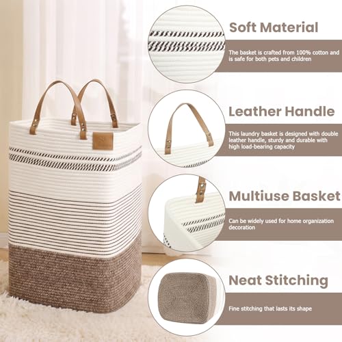 danpinera 75L Woven Laundry Hamper with Long Leather Handles, Baby Laundry Basket for Nursery, Tall Hampers for Bedroom Aesthetic, Decorative Clothes Storage Basket for Family, White & Dark Brown - color: White & Dark Brown, size: 75L Square