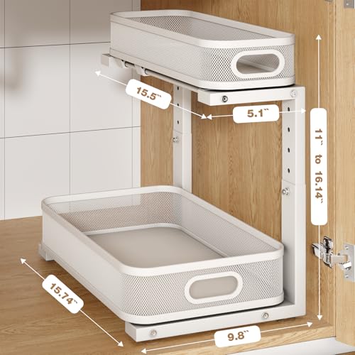 2 Pack Under Sink Organizer With Smooth Cylindrical Rail,2-Tier Pull Out Multi-Purpose Cabinet Storage for Bathroom&Kitchen,Height Adjustable,Rust-resistant Coating-White - color: White, size: 2 Pack-15.7"Depth