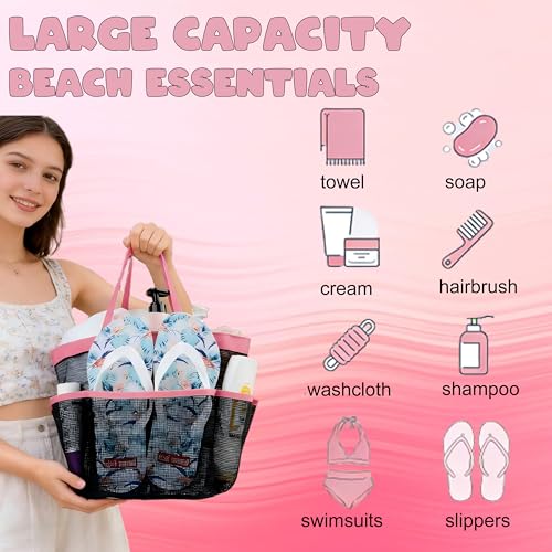 Mesh Shower Caddy Portable - 9 Pockets, Shower Bag for Dorm Room Camping - color: Blue Rose