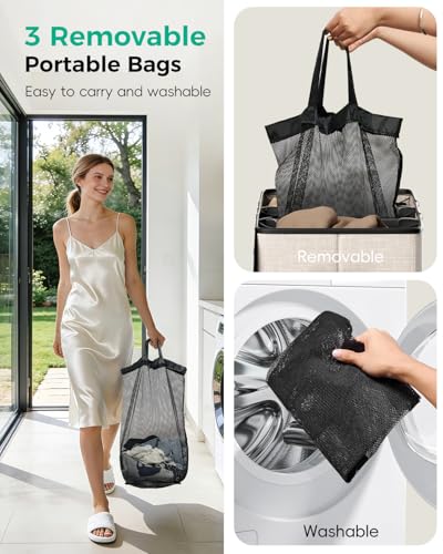 185L Laundry Hamper 3 Section with Lid & Removable Bags - color: Beige, size: 185L - 3 Section