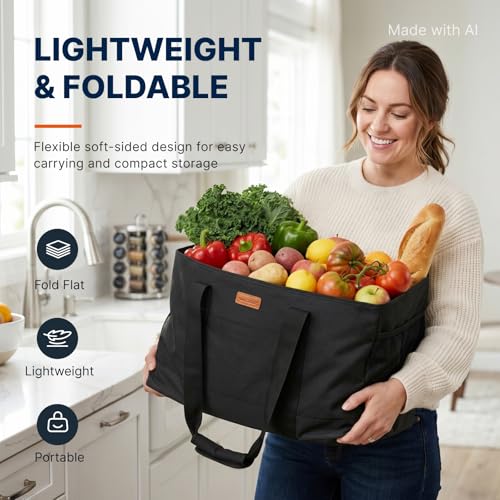 WONDAY Black Foldable Utility Tote Bag, Reusable Grocery Bag - color: Black