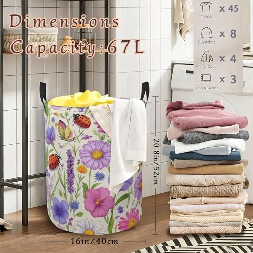 Ladybug Butterflies Laundry Hamper with Handles,Flowers Plants Collapsible Waterproof Storage Basket for Dirty Clothes Books Round Organizer Bin for Bathroom Bedroom College Dorms 16" x 20.8" - color: Ladybug Butterflies Flowers Plants