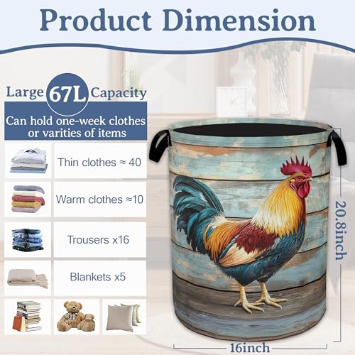 Rooster Laundry Basket,Foldable Oxford Cloth Vintage Wooden Board Laundry Hamper with Handles, 20.8"x16" Tote Bag Clothes Storage Bucket for Laundry Room/Bathroom/Bedroom/Dormitories - color: Rooster Vintage Wooden Board