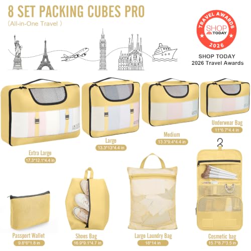 Veken 8 Set Packing Cubes for Travel Essentials,Anti-Wrinkle Buckled Suitcase Organizer for Shoe & Toiletry Bag,Carry On Luggage Bag with 99+ Count Mesh Holes for Airplane & College Dorm Accessories - color: 20 Yellow