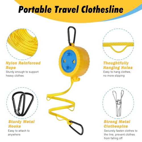 Retractable Camping Clothesline, Portable Travel Clothes Line, Windproof Laundry Line with Clothespins & Hang Holes, Indoor Outdoor Drying Rope for Hotel Trip, Cruise, RV (Yellow, 12.5 Ft)