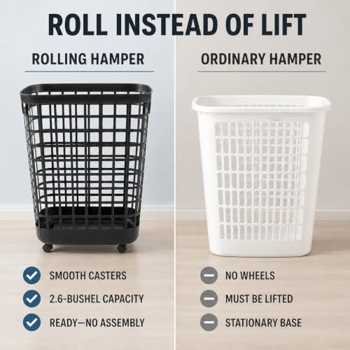 Black Rolling Laundry Hamper w/Casters, 2.6 Bushel Capacity - color: Black-Wheel-2.6 Bushel