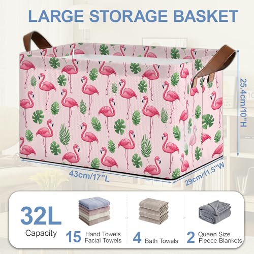 Flamingo Storage Baskets,Palm Leaves Tropical Foldable Organizer Bin with Handles for Home Living Room Bedroom Closet Box 17x11.5x10Inch - color: Flamingo Palm Leaves Tropical