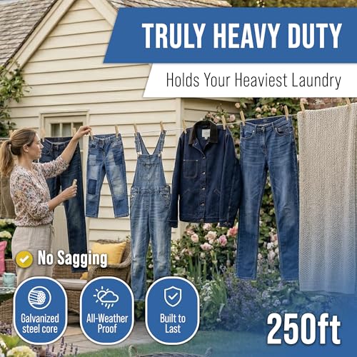 Strata Super Heavy Duty Clothesline Outdoor – 250 FT Rustproof & PVC-Coated Clothes line Wire, Gentle on Laundry, Easy to Install, Durable Cable – Perfect for Outdoor Drying (Silver - color: Super Heavy Duty, size: 250 feet