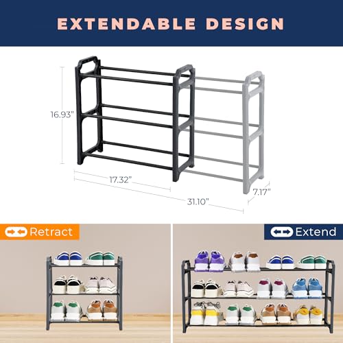 Happhom 3-Tier Expandable Shoe Organizer - Space Saver Shoe Shelf with Smart Design for Closet, Entryway and Small Spaces, Dark Grey (CSR-01) - style: CSR-01