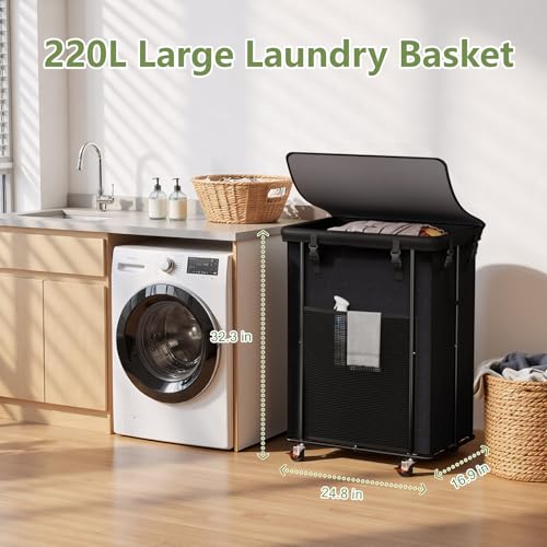 Laundry Hamper with Wheels and Lid, 200L Large Rolling Laundry Basket Black - color: Black, size: 220L