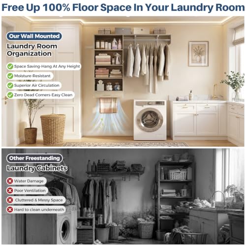 60" Wall Mounted Laundry Room Organization with Pull-out Towel Rack, 5FT Over Washer and Dryer Shelves With Hanging Rod and Storage Shelf, Wood Laundry Room Organization and Storage, White oak - color: White Oak