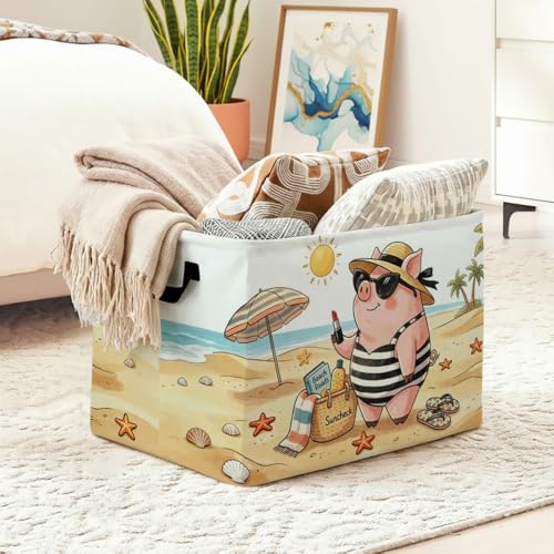 Summer Pig Laundry Hamper, 56L Large Foldable Laundry Basket with Handles, for Family Clothes, Toy Storage Bin, Blankets,Decorative Organizer for Shelves & Closet Home Decor Bedroom & Nursery - color: Summer Pig
