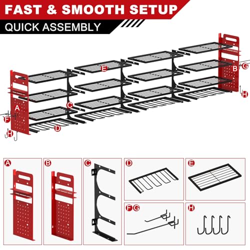 Large Power Tool Organizer Wall Mount, 16 Drill Holders Storage Rack, Red - color: Red