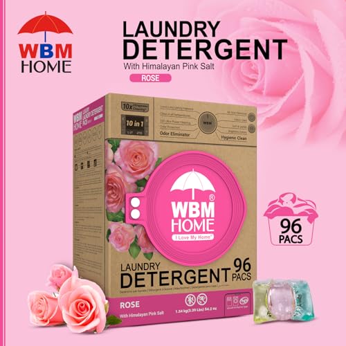 WBM Home 10-in-1 Laundry Pods, Total 96 Count, Ultra Concentrate with Powerful Stain Lifter Technology, Fabric Softener With Rose Extracts, Detergent Pods - size: 96 Count (Pack of 1)