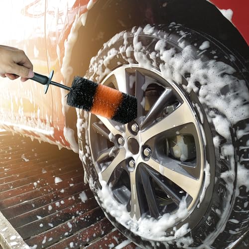 TAKAVU Wheel & Tire Brush, Long Soft Bristle, Easy Reach for Rims (Orange) - color: Orange & Black