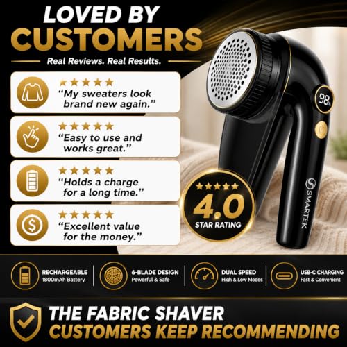 Smartek Fabric Shaver Fuzz Remover, Electric Lint Remover for Clothes, Sweater Shaver to Remove Pilling, Couch Cleaner (Rechargeable)
