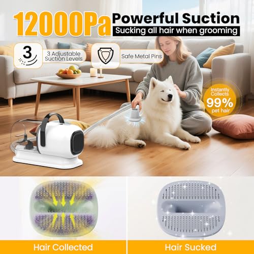 FIXR Dog Grooming Vacuum, All-in-One Pet Grooming Kit with Hair Clipper & Shedding Brush, Low Noise 12,000Pa Dog Hair Remover Vacuum, Pet Groomer Set with Cleaning Brushes, PG01 - color: White