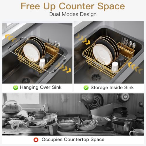 JASIWAY Gold Dish Drying Rack in Sink with Utensil Holder, RV, Apartment - color: Gold, size: For 10"-12"w Sink