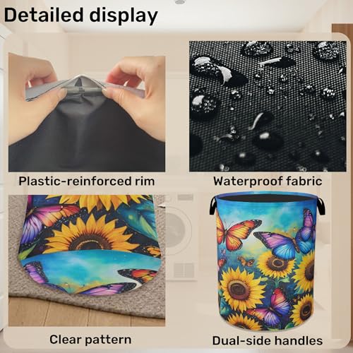 Butterfly Sunflower Laundry Basket, Heavy Duty 60L Dirty Clothes Hamper, Water Resistant Foldable Hamper for Girls Women - color: Butterfly Sunflower