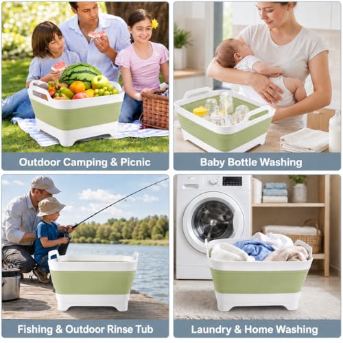 Collapsible Dish Basin with Drain Plug, Foldable Wash Basin 2.4 Gal (9L) - color: Green