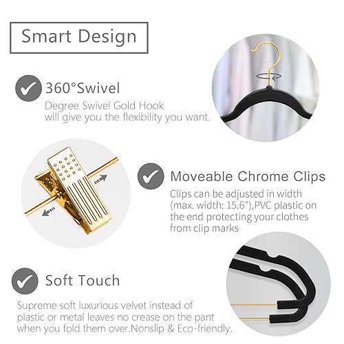 MIZGI Premium Velvet Pants Hangers with Adjustable Clips (Pack of 20) Slim Skirt Hangers- Non Slip Felt Outfit Dress Hangers Black - Gold Hooks,Space Saving Shirt Clothes Hangers - color: Black/Gold, size: 20-Pack