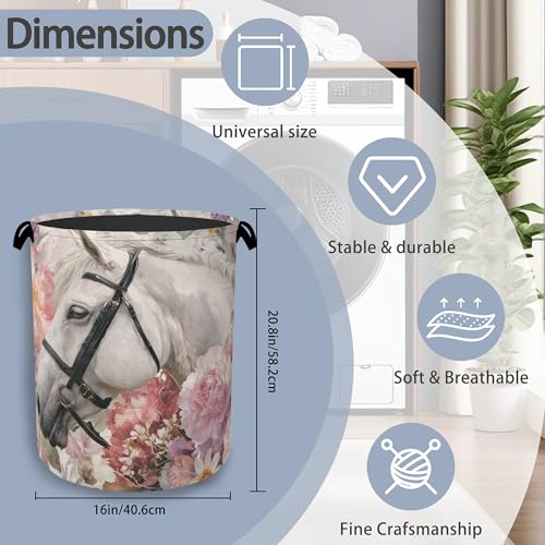 Horse Laundry Hamper,Pink Flowers Dirty Clothes Laundry Basket with Handles Waterproof Oxford Cloth Storage Basket for College Dorms Bathroom Bedroom 16" x 20.8" - color: Horse Pink Flowers