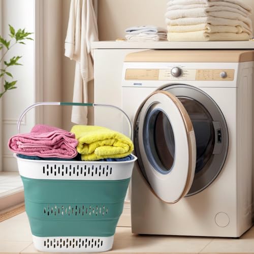 SAMMART 40L (10.5 Gallon) Collapsible Plastic Laundry Basket with Handles - Foldable Pop Up Storage Container/Organizer - Portable Laundry Hamper - Space Saving (1, White/Celadon Green) - color: White/Celadon Green