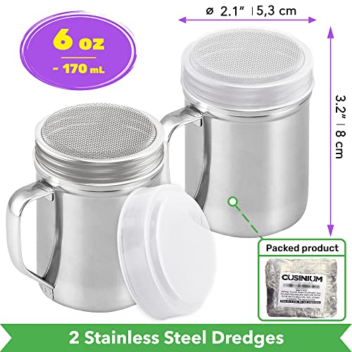 CUSINIUM Powdered Sugar Shaker Duster - With Handle - Cinnamon Shaker For Coffee Bar - Fine Mesh Dredge - 6 ounce, pack of 2 | Style: Fine - size: 6 Ounce