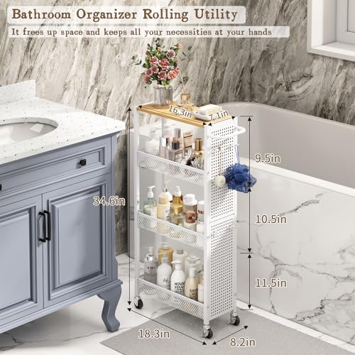 Utility Slim Storage Cart 4 Tier Rolling Laundry Room Organization Cart: - color: White, size: 7.1 inch wide