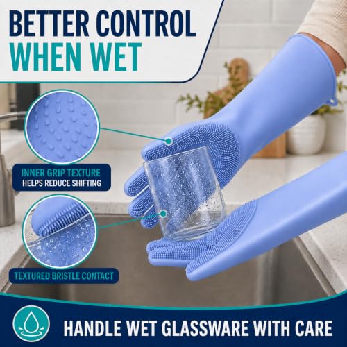 Silicone Dishwashing Gloves with Scrubber Bristles, Food-Grade Cleaning Mitts for Kitchen Dishes, Pet Grooming & Car Wash - color: Blue