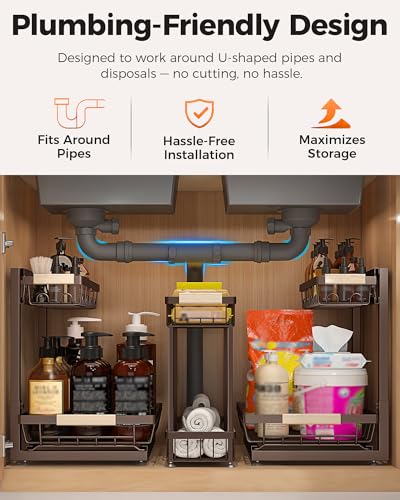 Sevenblue 3-Pack 2-Tier Height Adjustable Under Sink Organizer, Brown - color: Brown