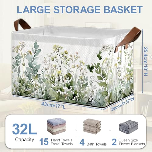 Wildflowers Herb Plants Storage Baskets,Foldable Large Capacity Organizer Bins with Waterproof Lining and Leather Handles for Closet,Shelf,Bedroom 17x11.5x10Inch - color: Wildflowers Herb Plants