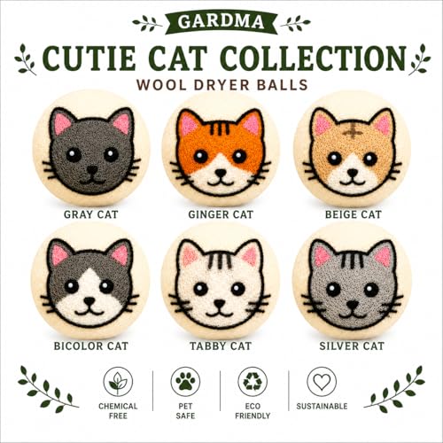 Wool Dryer Balls XL 6-Pack – Organic Wool Dryer Balls for Laundry Reusable, Natural Fabric Softener, Reduces Drying Time, Static, Wrinkles & Clumping - color: Cat Family