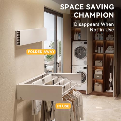 Clothes Drying Rack Wall Mounted - 40" Large Stainless Steel Laundry Drying Rack Collapsible, 60LBS Heavy Duty Retractable Hanger, 5-Rod Tiered Foldable Rack for Indoor - color: Standard, size: Width 40"
